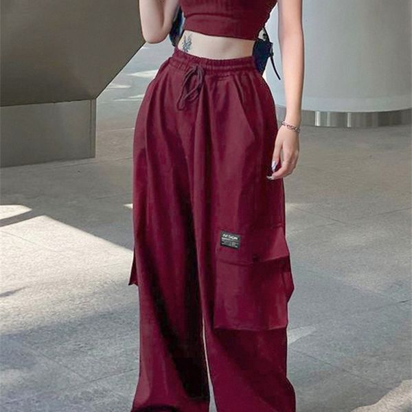 women's pants capris weekeep red baggy cargo pants drawstring elastic high waist casual pants pocket korean fashion sweatpants streetwe, Black;white